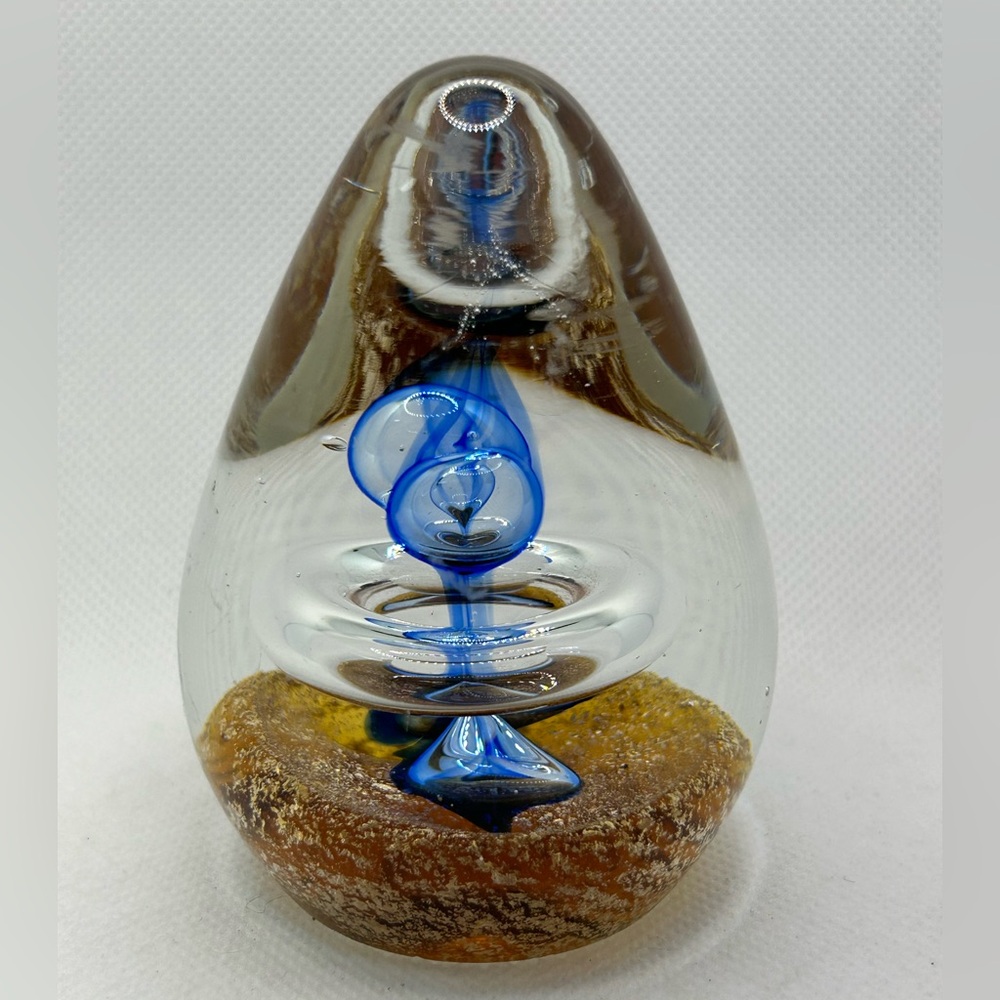 Art glass paperweight blue brown gold egg shape bubble helix swirl